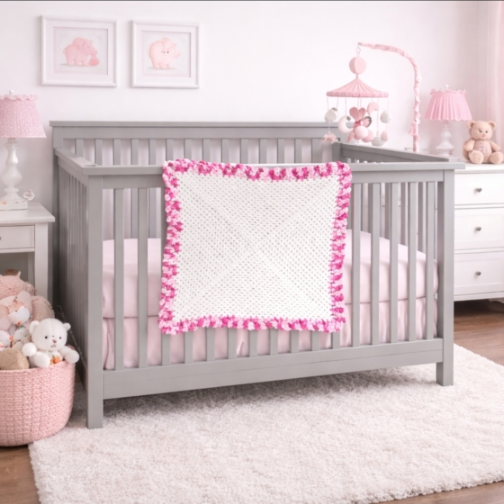 Handmade Crocheted White & Pink Variegated Crib Baby Blanket or Throw - New